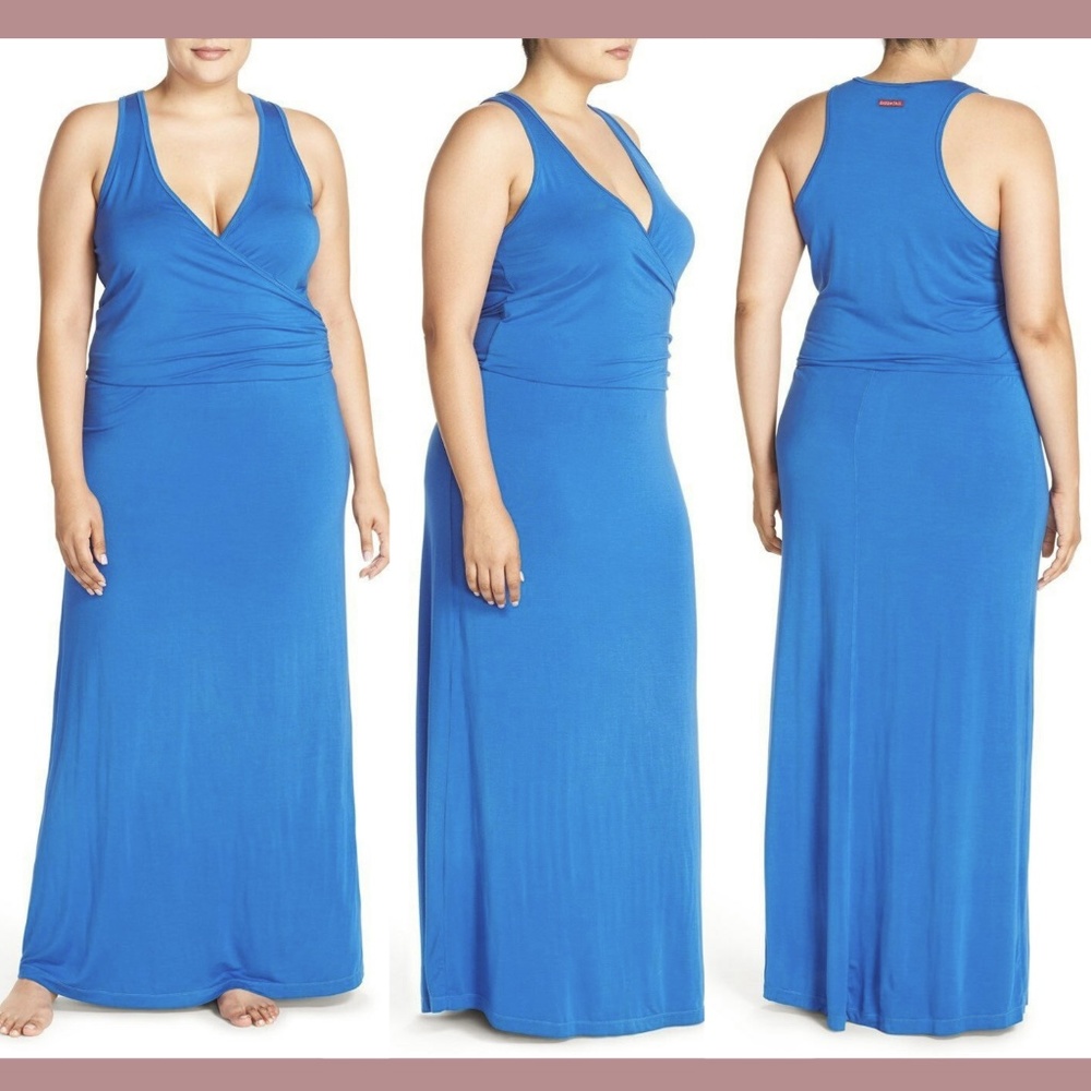 New $128 Hard Tail [Plus Sz 2x ] Faux Wrap Knit Maxi Dress In Iris Blue